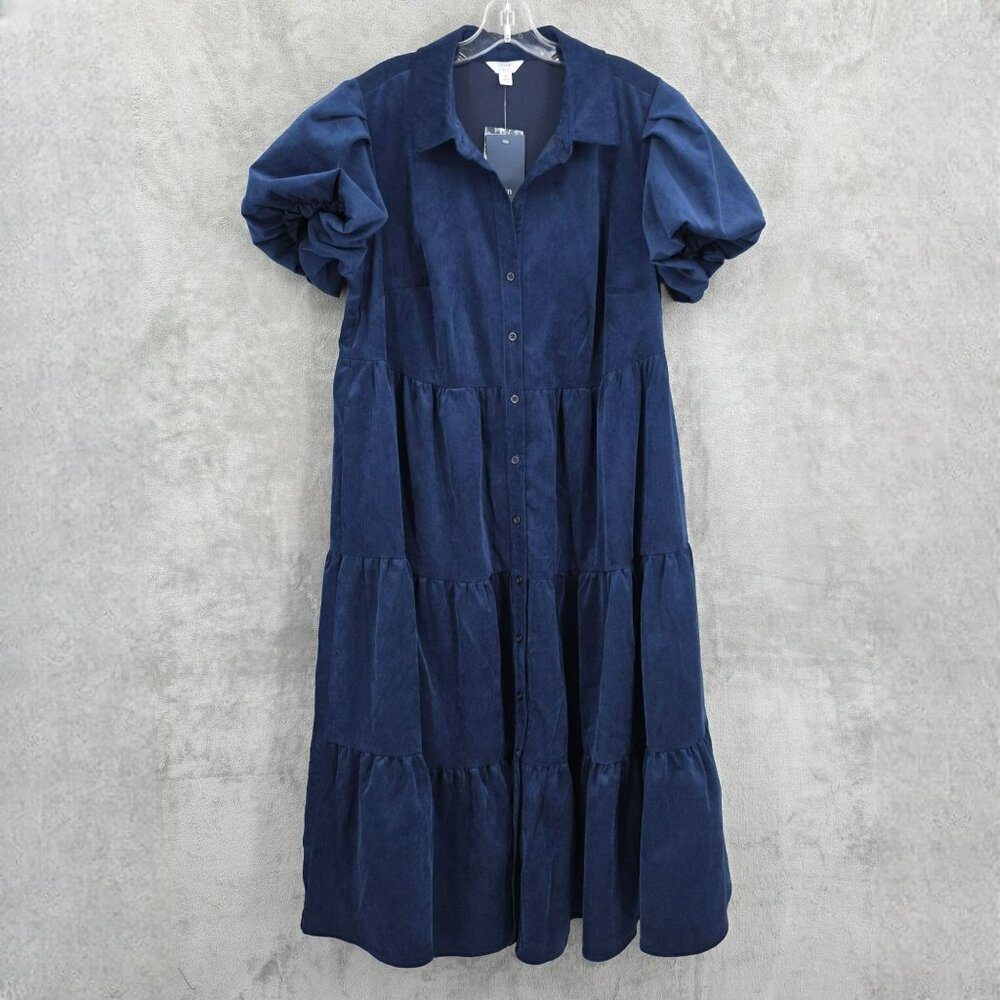 Crown Ivy Tiered Corduroy Midi Dress 1X Harbor Navy Blue Puff Sleeve Buttons New